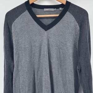 VINCE Mens L Dark Gray‎ Heather V Neck Long Sleeve Raglan Cotton Sweater Soft